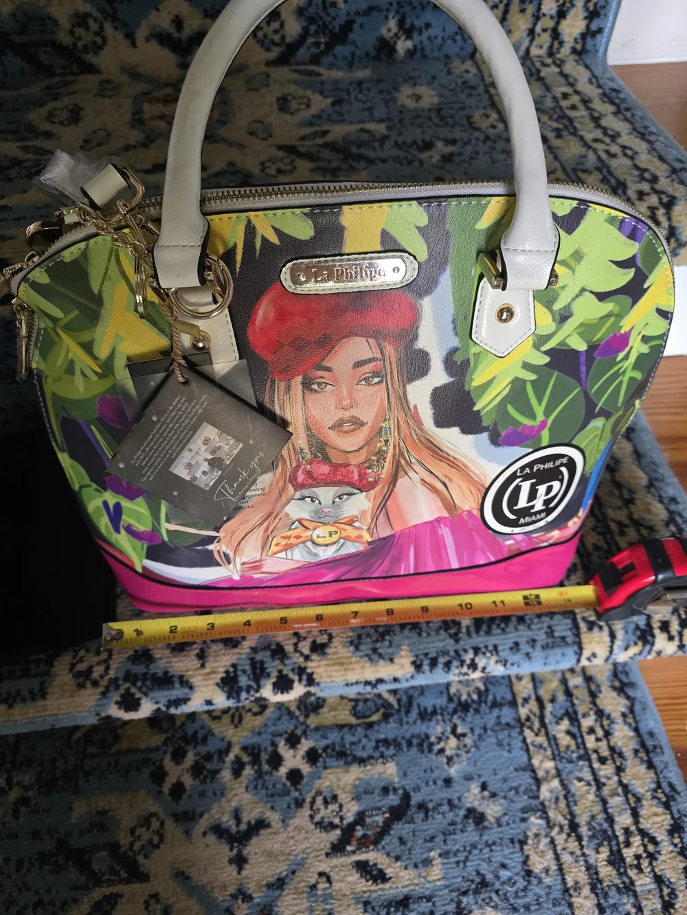 La Philipe Pink Accent Graphic Dome Satchel